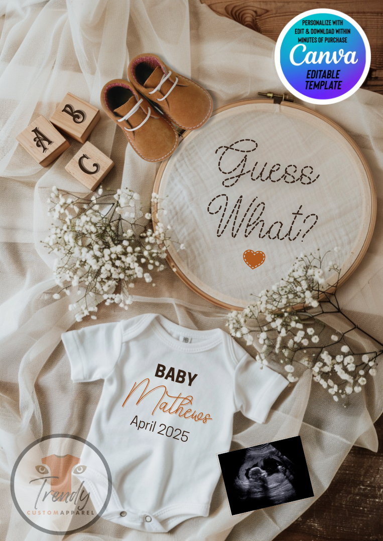 Digital Pregnancy Announcement, Guess What?, Gender Neutral, Customizable Hand Embroidered Themed, Personalized Editable Template