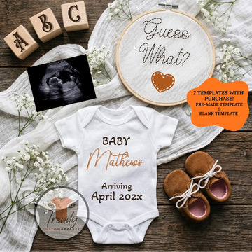 Guess What?, Boho Digital Pregnancy Announcement, Gender Neutral Customizable Editable Template TrendyCustomApparel™
