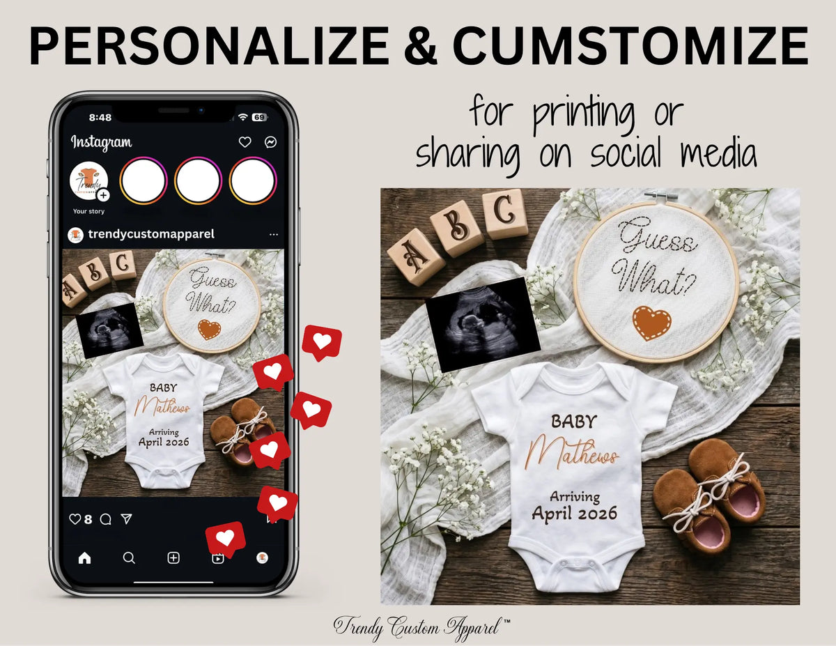 Guess What?, Boho Digital Pregnancy Announcement, Gender Neutral Customizable Editable Template TrendyCustomApparel™
