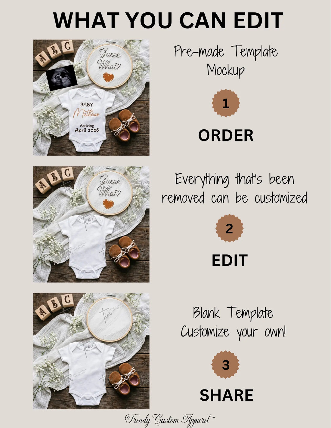 Guess What?, Boho Digital Pregnancy Announcement, Gender Neutral Customizable Editable Template TrendyCustomApparel™