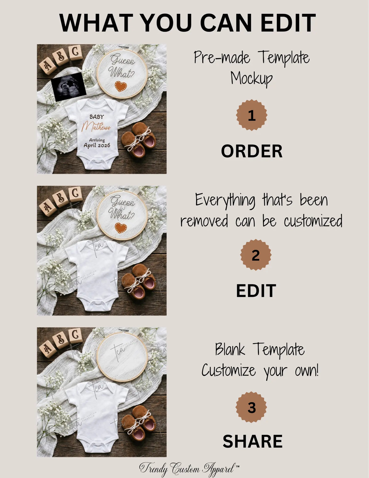Guess What?, Boho Digital Pregnancy Announcement, Gender Neutral Customizable Editable Template TrendyCustomApparel™