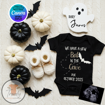 Digital Halloween Pregnancy Announcement, Bat In The Cave, Customizable Personalized Editable Template