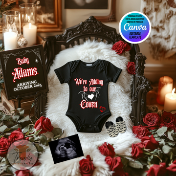 Digital Pregnancy Announcement, We're Adding to Our Coven, Customizable Halloween Themed, Personalized Editable Template