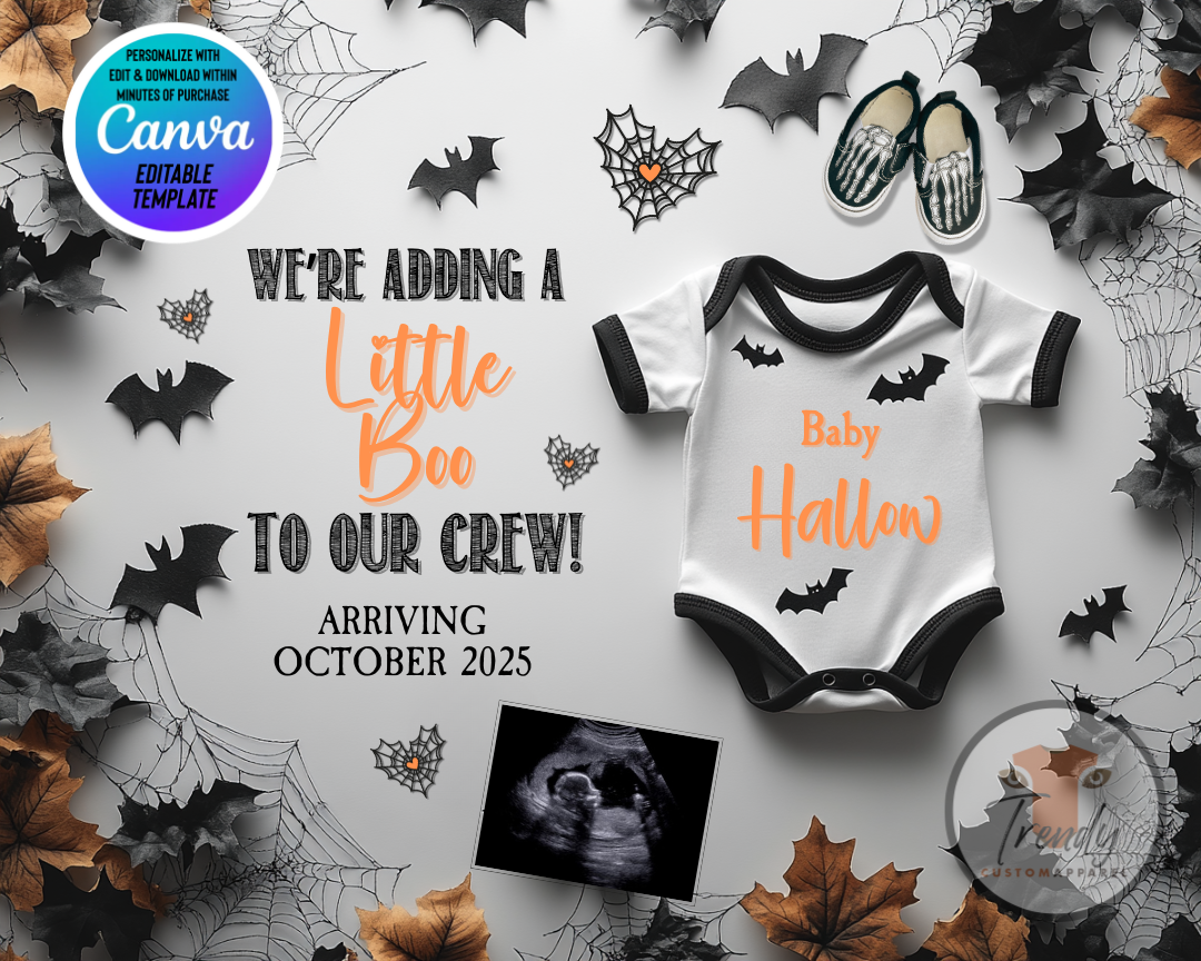 Digital Halloween Pregnancy Announcement, Adding a Little Boo, Customizable Personalized Editable Template