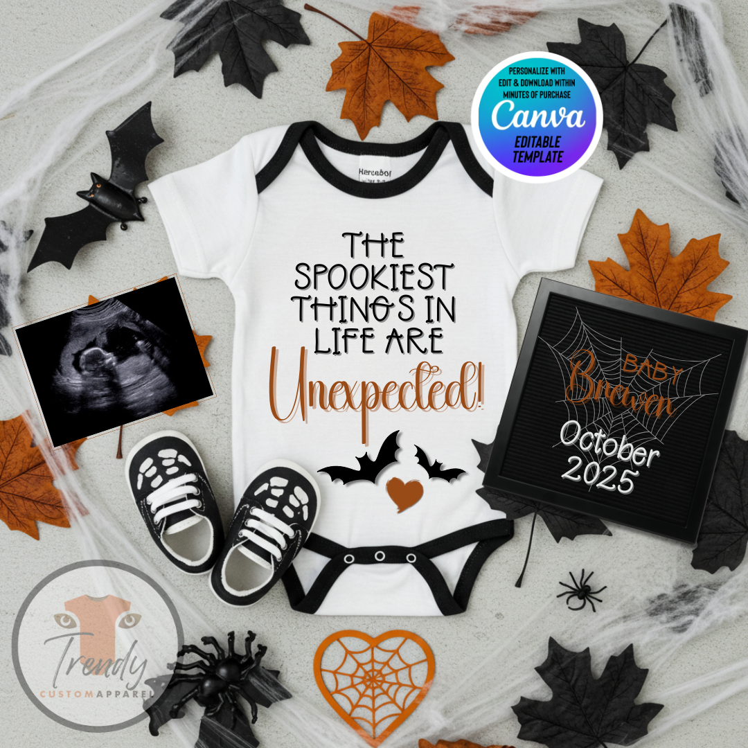 Digital Halloween Pregnancy Announcement, Unexpected Baby Reveal, Customizable Personalized Editable Template