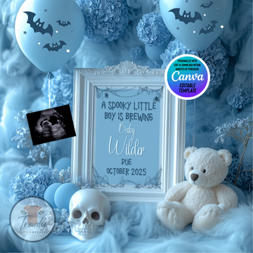 Digital Halloween Pregnancy Announcement, Boy's Gender Reveal, Customizable October Themed, Personalized Editable Template