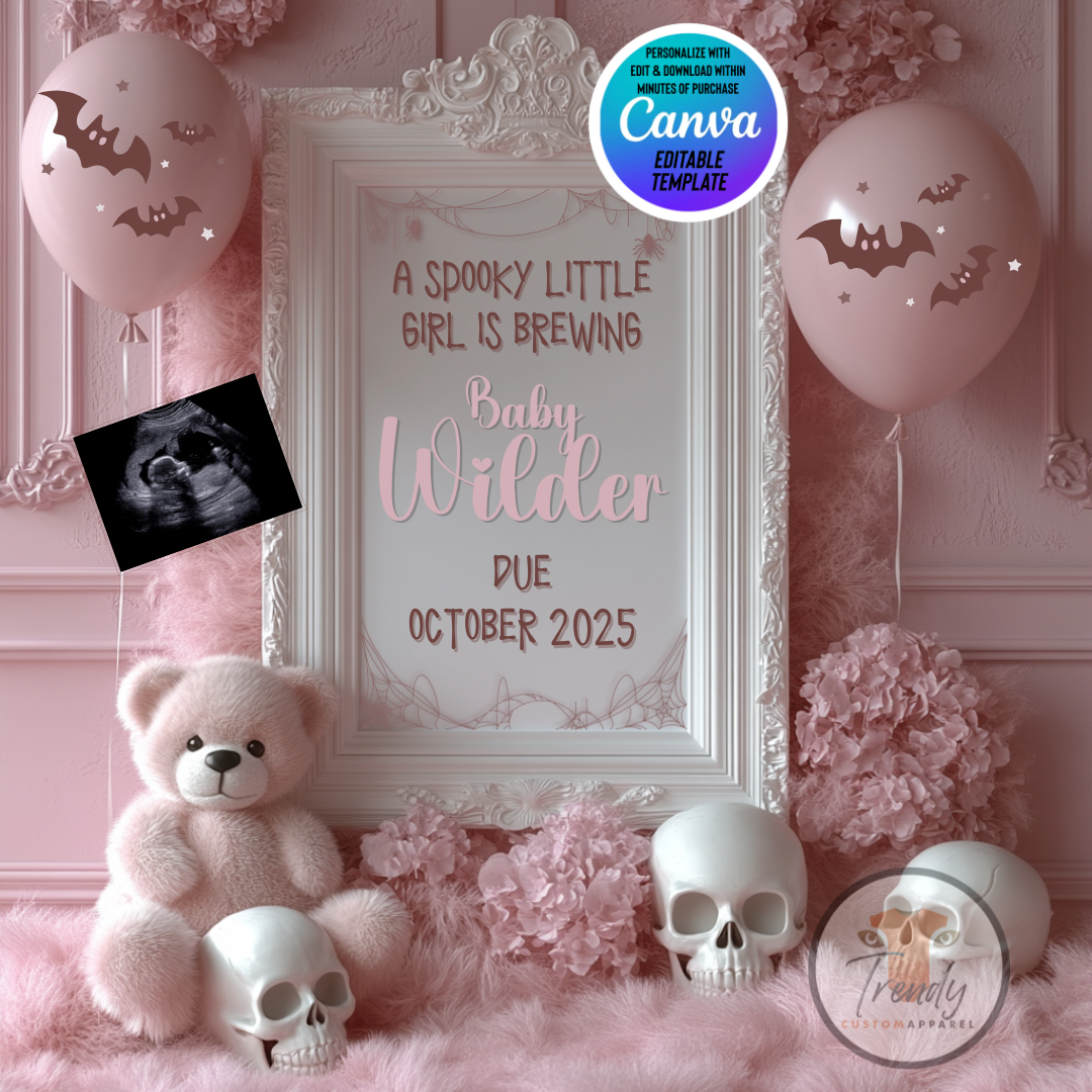 Digital Halloween Pregnancy Announcement, Girl's Gender Reveal, Customizable October Themed, Personalized Editable Template