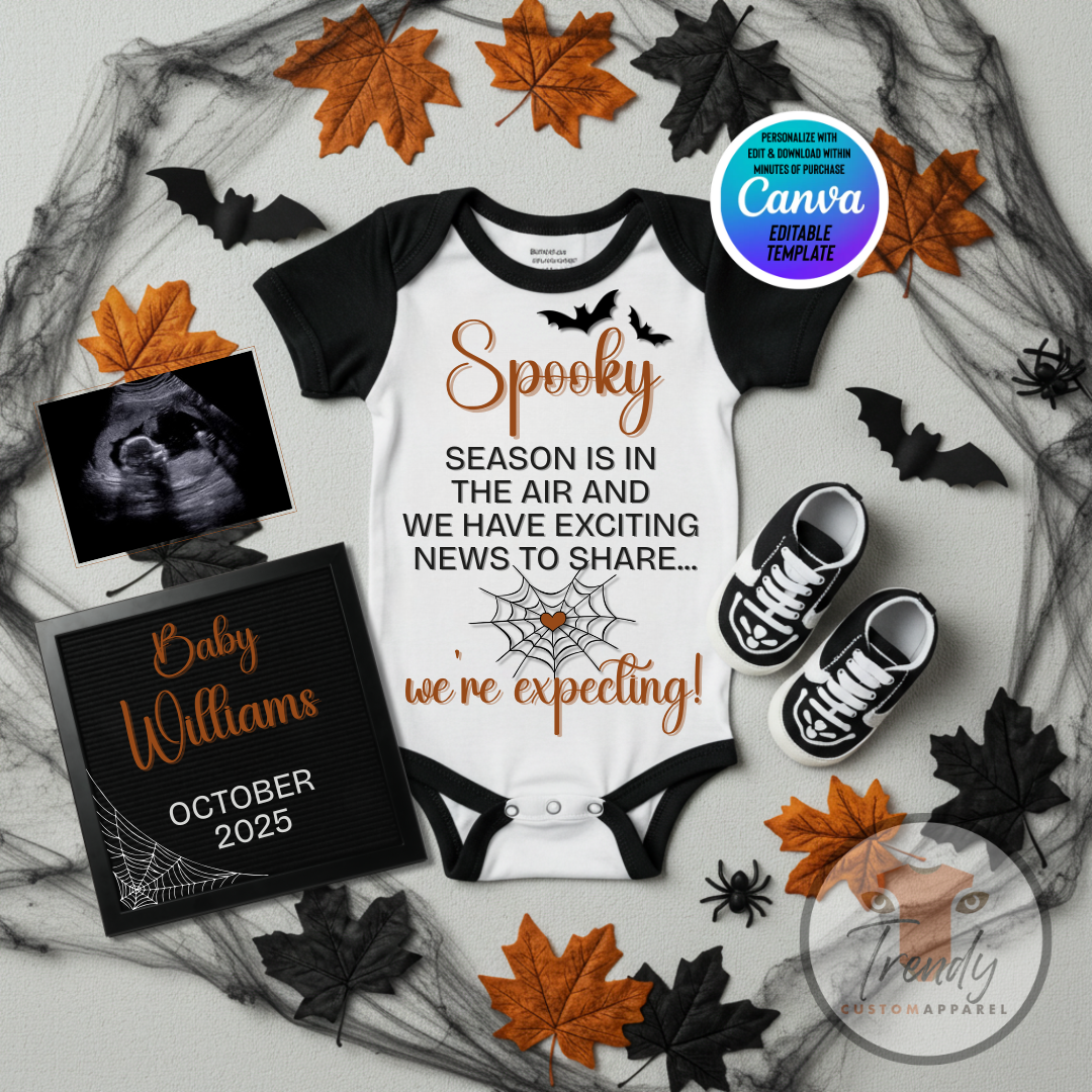 Digital Halloween Pregnancy Announcement, We’re Expecting Baby Reveal, Customizable Personalized Editable Template