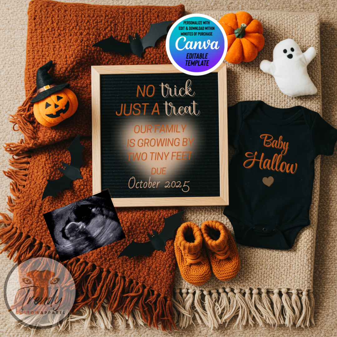 Digital Halloween Pregnancy Announcement, Trick or Treat Baby Reveal, Customizable Personalized Editable Template