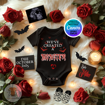 Digital Pregnancy Announcement, We're Created a Monster, Customizable Halloween Themed, Personalized Editable Template