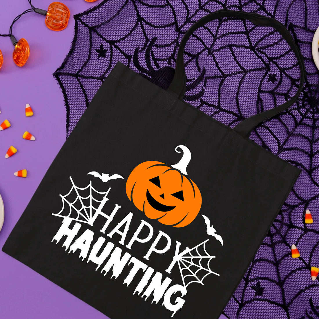 Halloween Happy Haunting Trick or Treat Candy Large Tote Bag