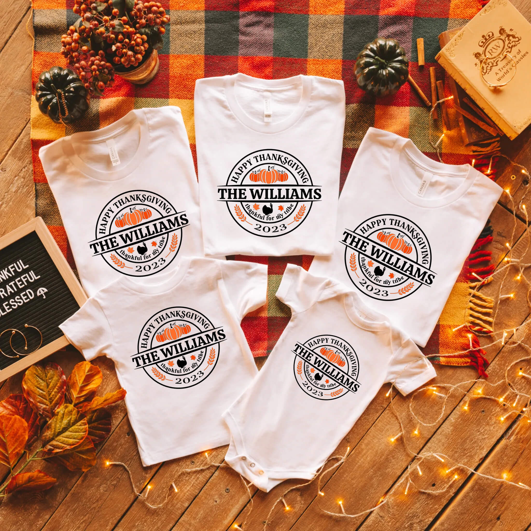 Fall Personalized Happy Thanksgiving Matching Family Group Graphic Print T-Shirt
