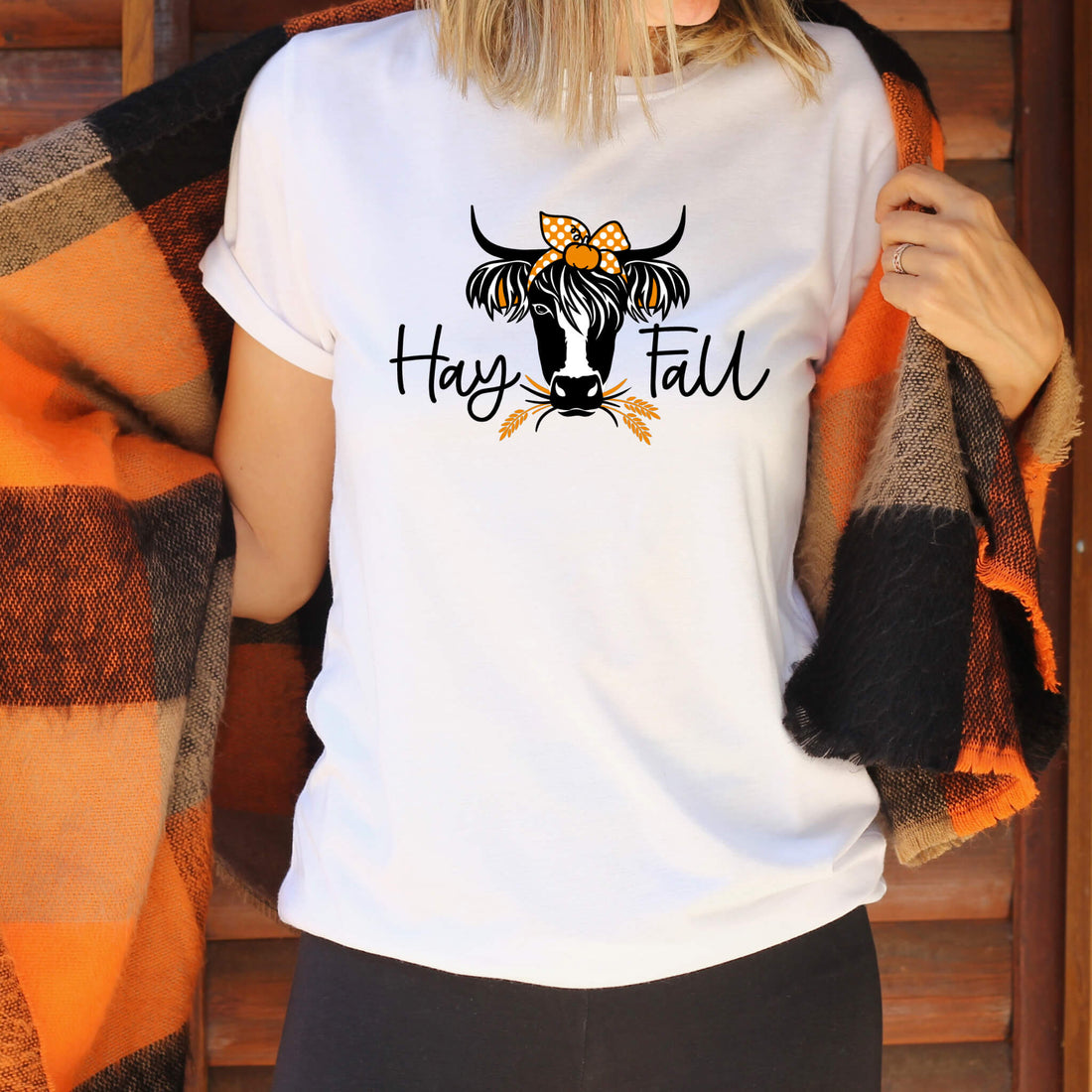 Camiseta con estampado gráfico de mujer Fall Hay Fall Cow