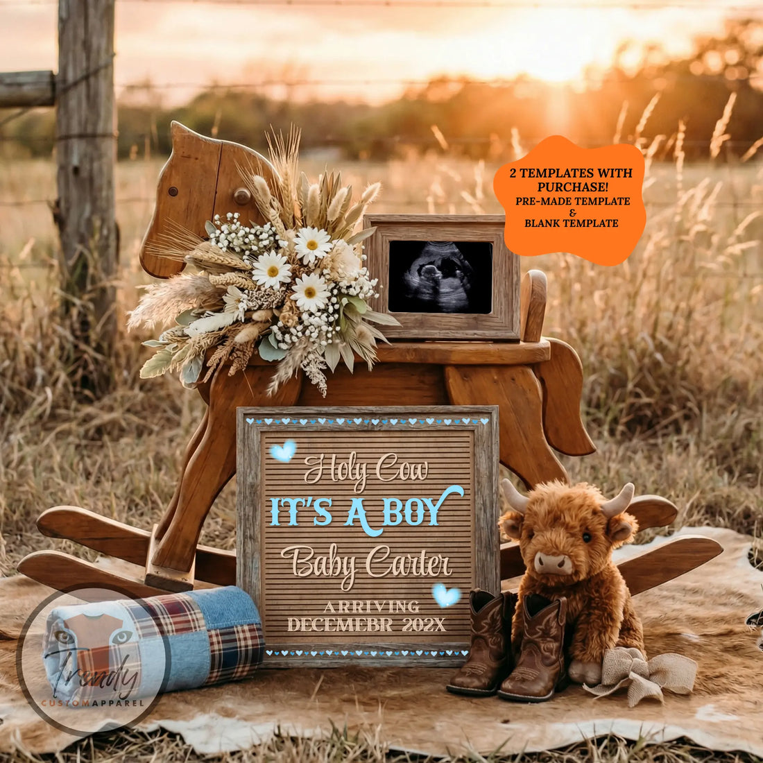 Holy Cow It's a Boy, Western Boy Digital Gender Reveal, Customizable Personalized Editable Template - TrendyCustomApparel™