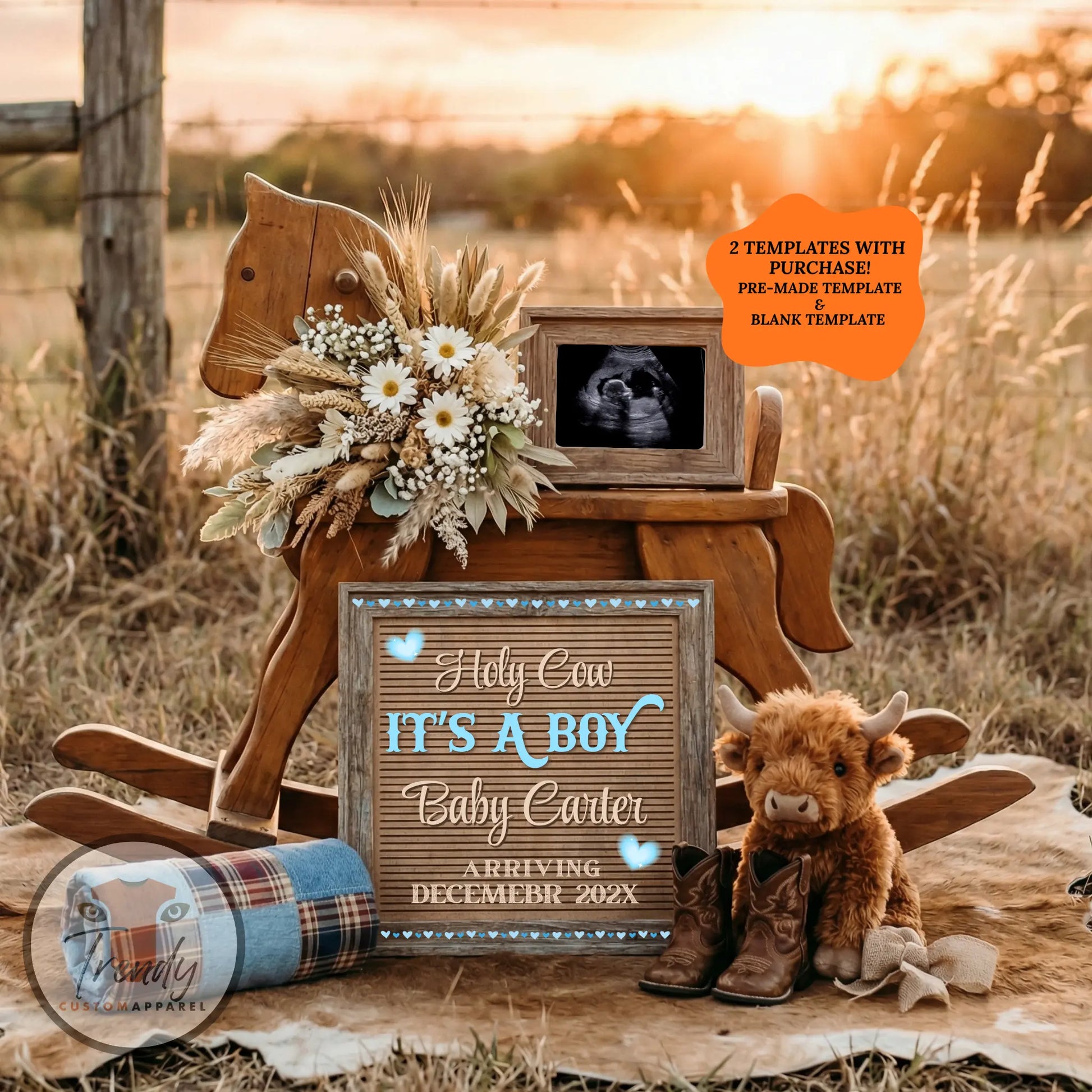 Holy Cow It's a Boy, Western Boy Digital Gender Reveal, Customizable Personalized Editable Template - TrendyCustomApparel™