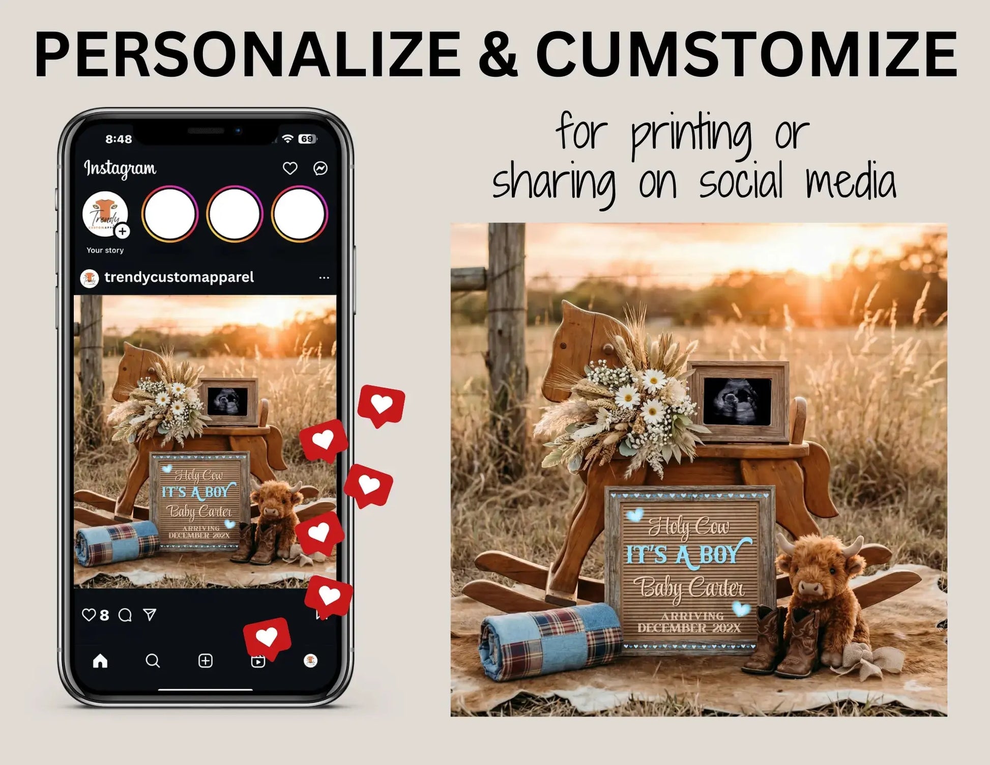 Holy Cow It's a Boy, Western Boy Digital Gender Reveal, Customizable Personalized Editable Template - TrendyCustomApparel™