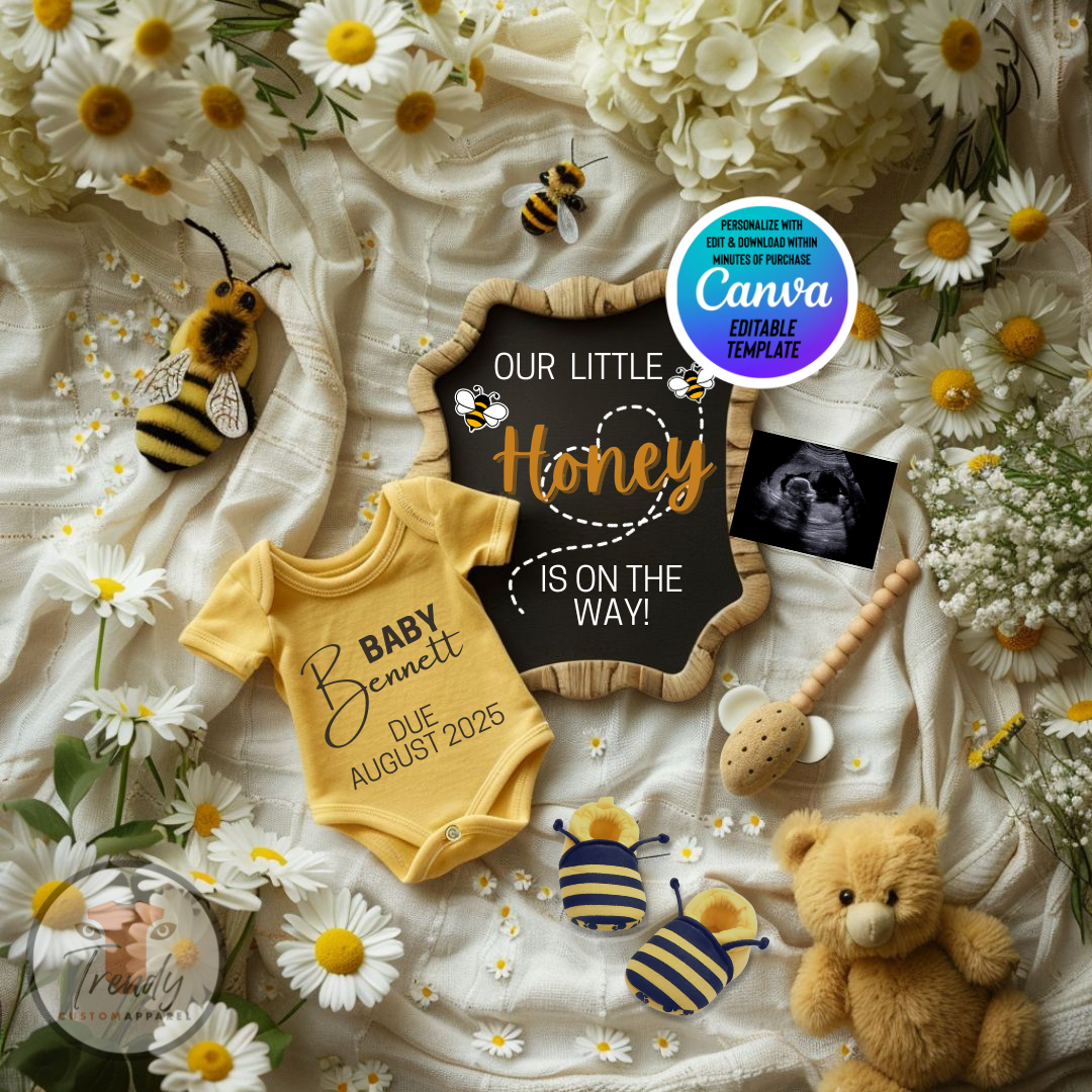 Digital Pregnancy Announcement, Our Little Honey, Customizable Spring Themed, Personalized Editable Template