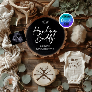 Digital Pregnancy Announcement, New Hunting Buddy, Customizable Hunting Themed, Personalized Editable Template