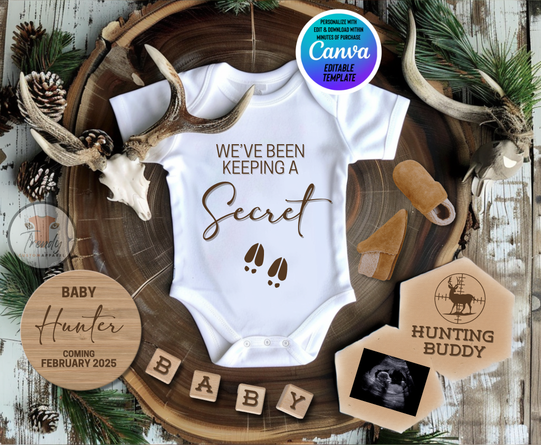 Digital Pregnancy Announcement, We've Been Keeping A Secret, Customizable Hunting Themed, Personalized Editable Template