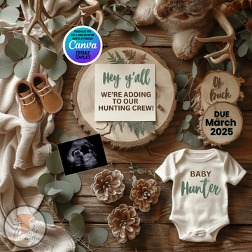 Digital Pregnancy Announcement, Hunting Crew, Customizable Hunting Themed, Personalized Editable Template