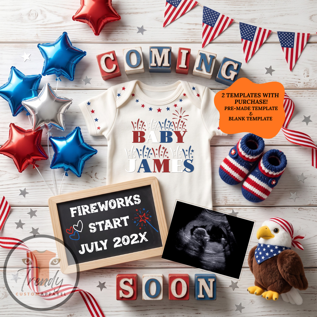 July 4th Fireworks Baby Pregnancy Announcement | Fully Editable Canva Digital Template TrendyCustomApparel™