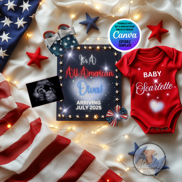 Digital Girl Pregnancy Announcement, All American Diva, Customizable Independence Day Themed, Personalized Editable Template