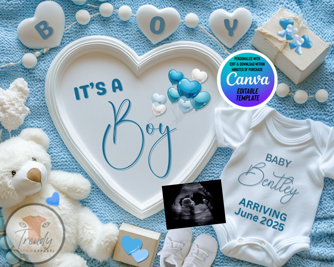 Digital Pregnancy Announcement, It's A Boy, Gender Reveal, Customizable Personalized Editable Template