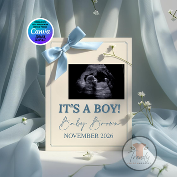 Gender Reveal Baby Boy card with ultrasound photo, 'It's a Boy!' text, and blue ribbon on a soft fabric background.