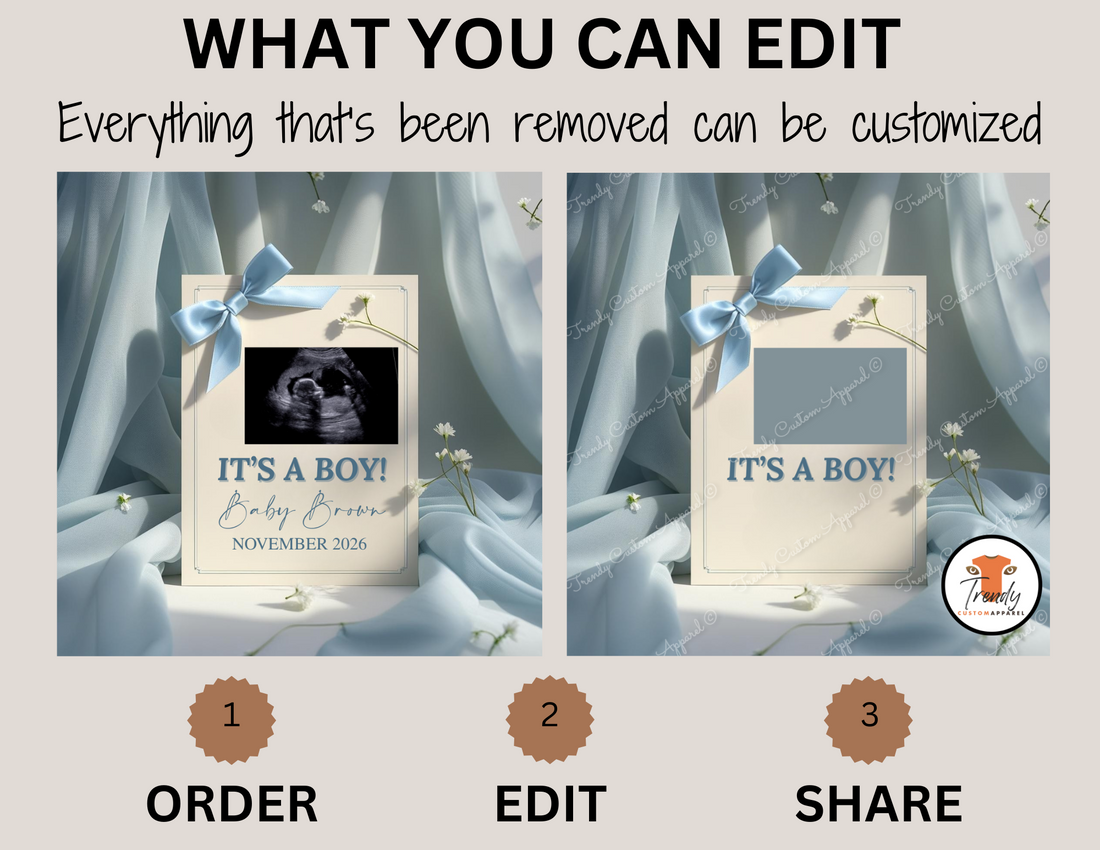 Gender Reveal Baby Boy card with ultrasound photo, 'It's a Boy!' text, and blue ribbon on a soft fabric background.