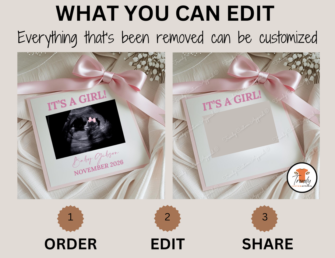 Gender Reveal Baby Girl card with ultrasound photo, 'It's a Girl!' text, and pink ribbon on a soft fabric background.