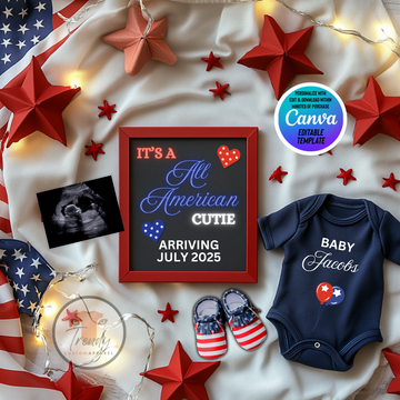 Digital Unisex Pregnancy Announcement, All American Cutie, Customizable Independence Day Themed, Personalized Editable Template