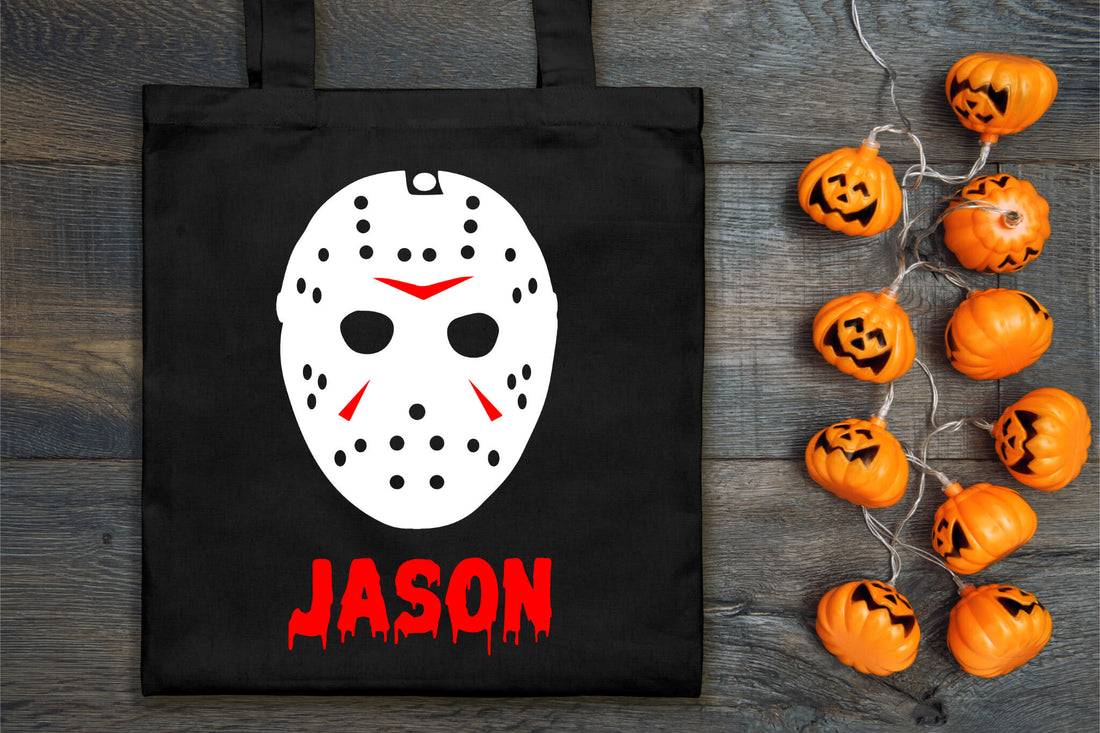 Halloween Personalized Name Jason Mask Trick or Treat Candy Large Tote Bag