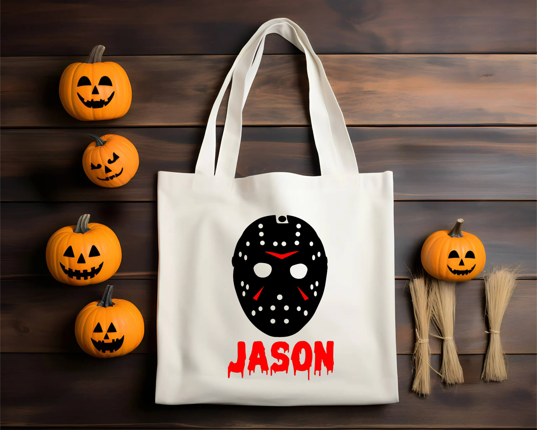 Halloween Personalized Name Jason Mask Trick or Treat Candy Large Tote Bag