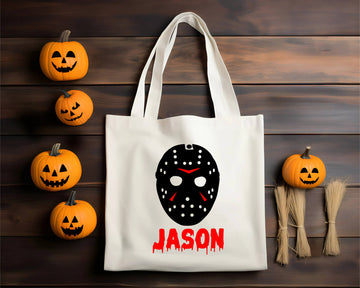 Halloween Personalized Name Jason Mask Trick or Treat Candy Large Tote Bag