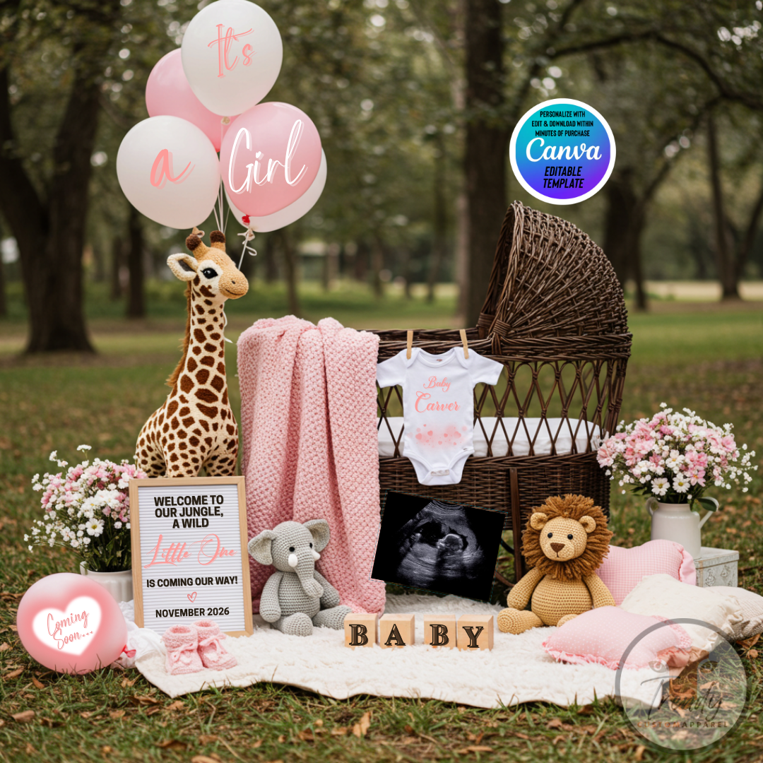 Digital Pregnancy Announcement, It's A Girl, Instant Download Gender Reveal, Jungle Animals Themed Editable Template