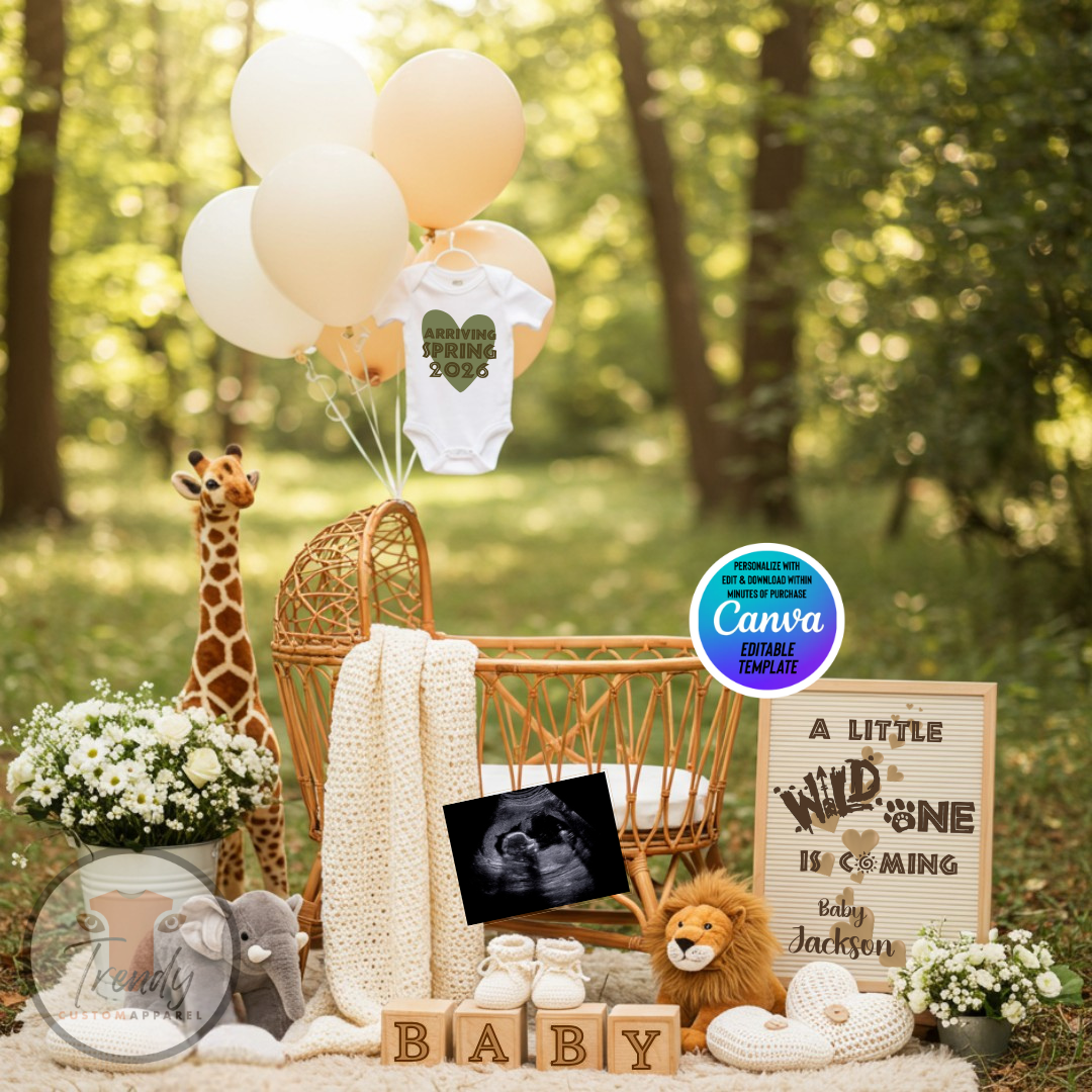 Baby shower setup with balloons, crib, and baby items in a forest setting