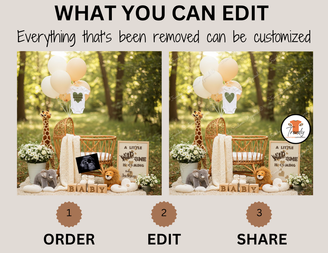 Baby shower setup with balloons, crib, and baby items in a forest setting