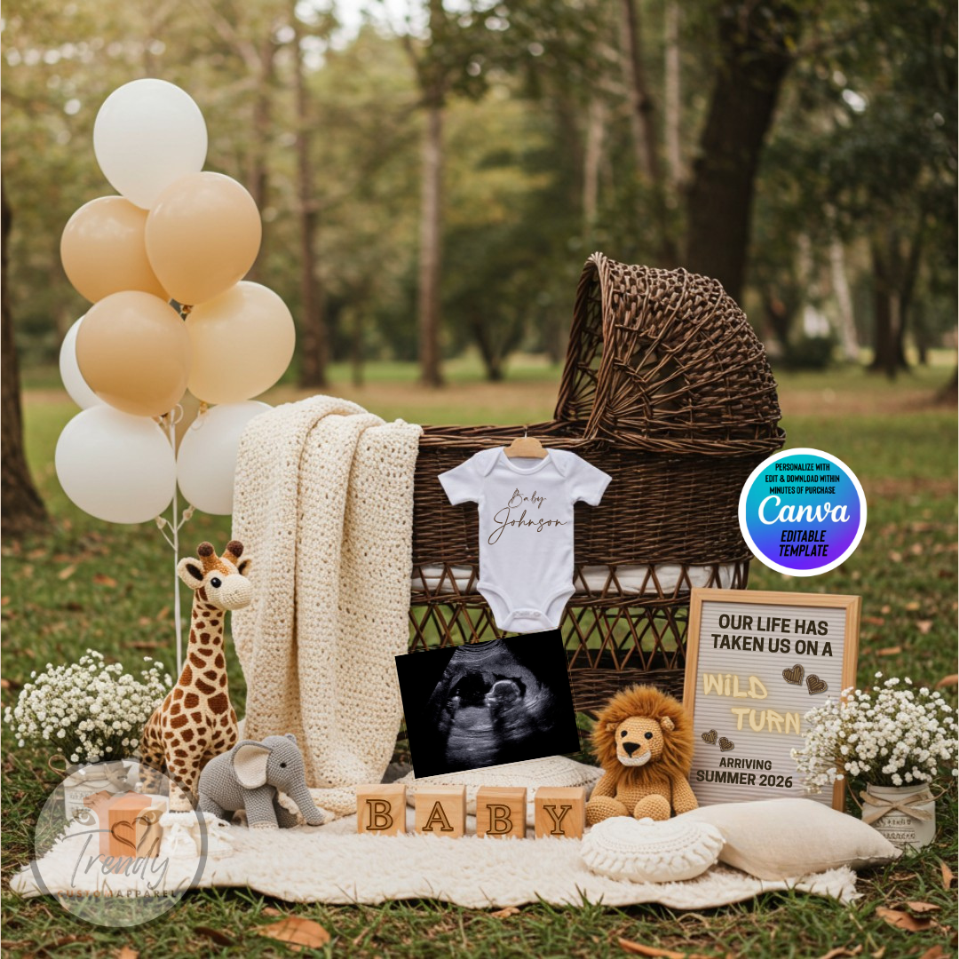 Baby shower setup with balloons, baby clothes, and toys outdoors.