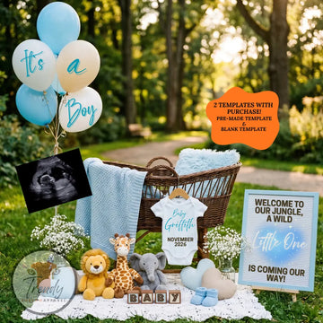Jungle Animal Boy Baby Reveal Digital Editable Template, Instant Download Canva Template TrendyCustomApparel™