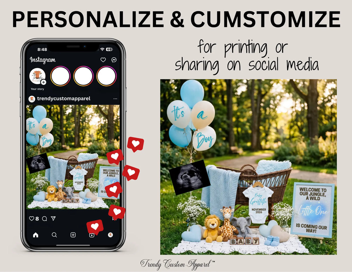Jungle Animal Boy Baby Reveal Digital Editable Template, Instant Download Canva Template TrendyCustomApparel™
