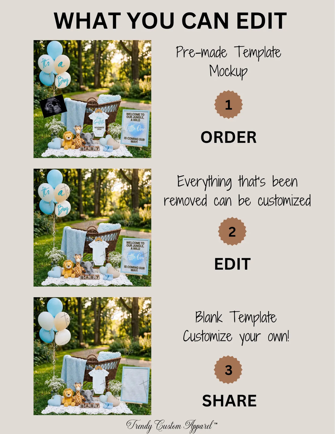 Jungle Animal Boy Baby Reveal Digital Editable Template, Instant Download Canva Template TrendyCustomApparel™