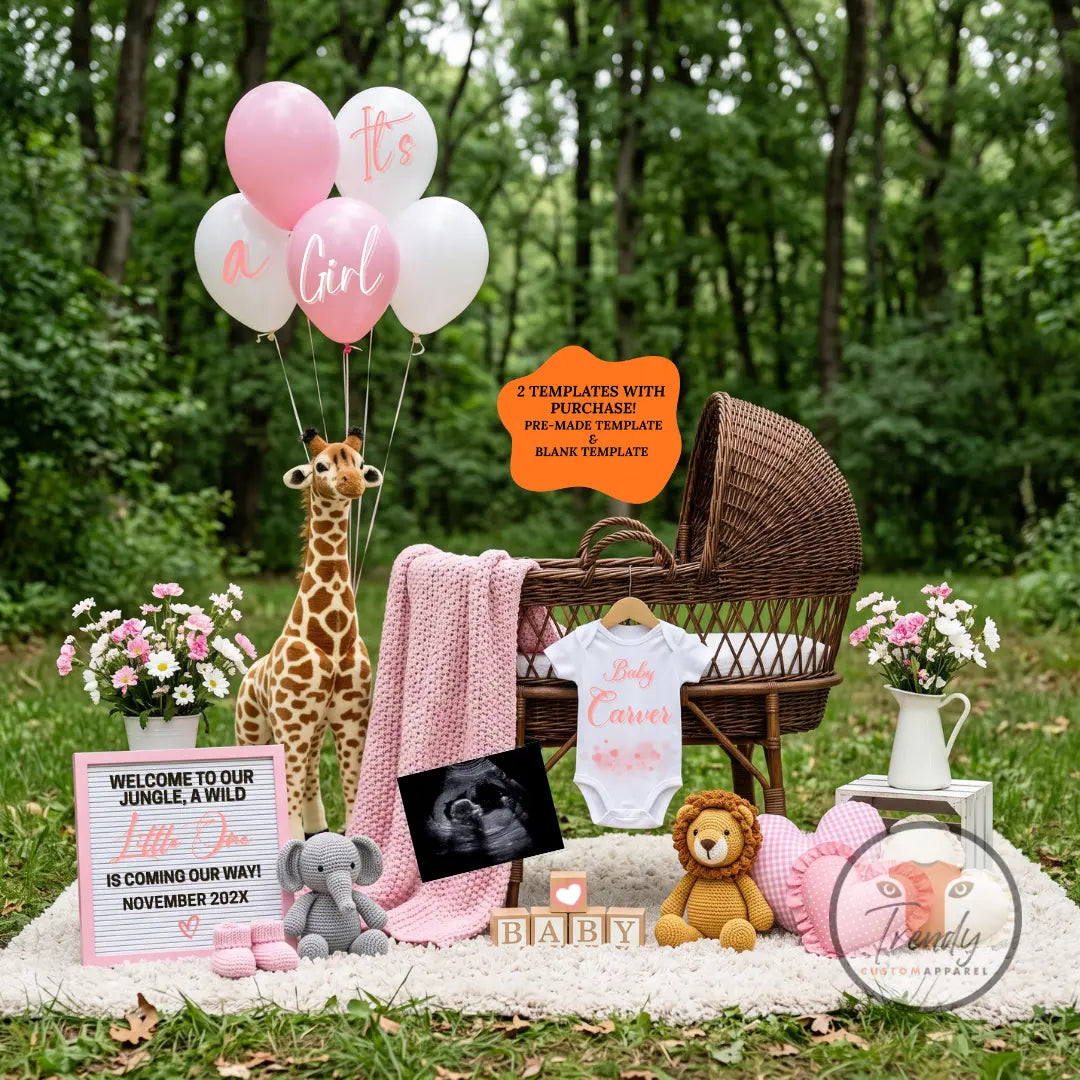 Jungle Animal Girl Baby Reveal Digital Editable Template, Instant Download Canva Template TrendyCustomApparel™