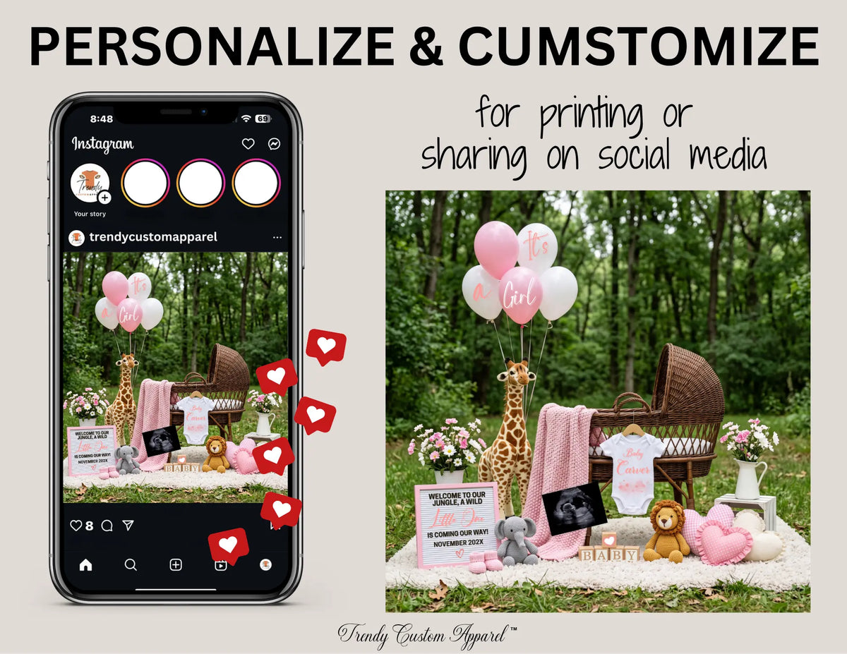Jungle Animal Girl Baby Reveal Digital Editable Template, Instant Download Canva Template TrendyCustomApparel™