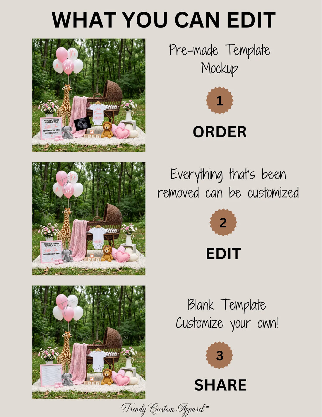 Jungle Animal Girl Baby Reveal Digital Editable Template, Instant Download Canva Template TrendyCustomApparel™