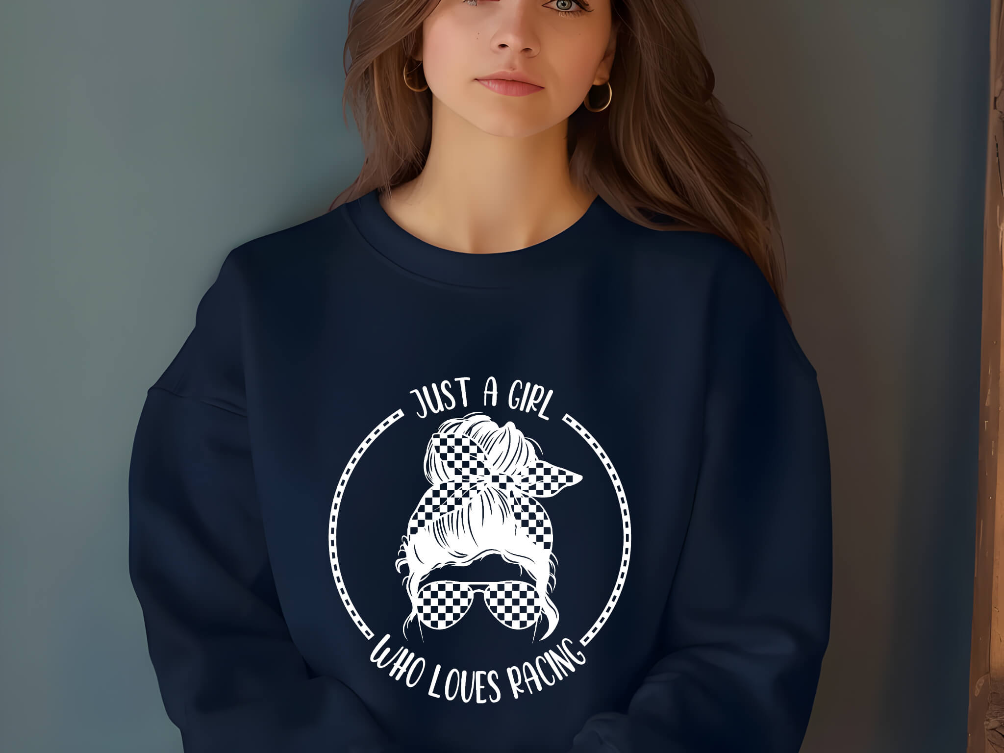Racing - Just A Girl Who Loves Racing Customizable Messy Bun Graphic Print Women’s Sweatshirt