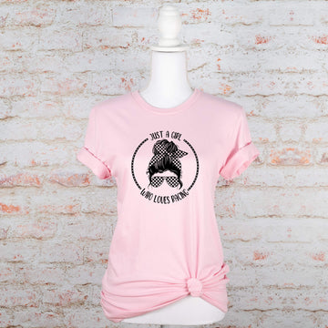 Racing - Just A Girl Who Loves Racing Customizable Messy Bun Graphic Print Women’s T-Shirt