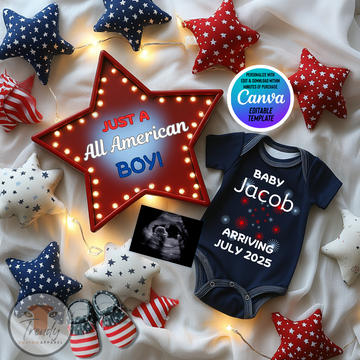 Digital Boy Pregnancy Announcement, All American Boy, Customizable Independence Day Themed, Personalized Editable Template