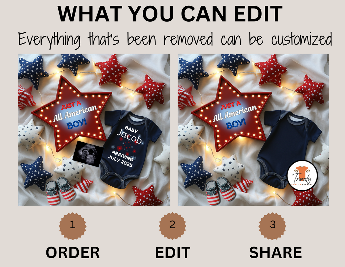 Digital Boy Pregnancy Announcement, All American Boy, Customizable Independence Day Themed, Personalized Editable Template