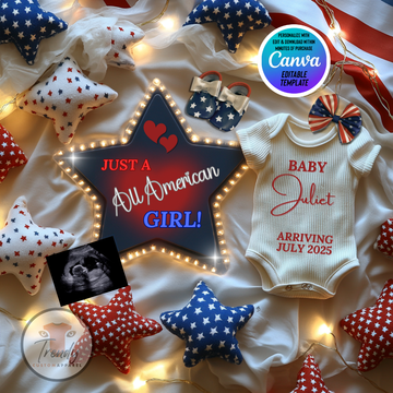 Digital Girl Pregnancy Announcement, All American Girl, Customizable Independence Day Themed, Personalized Editable Template