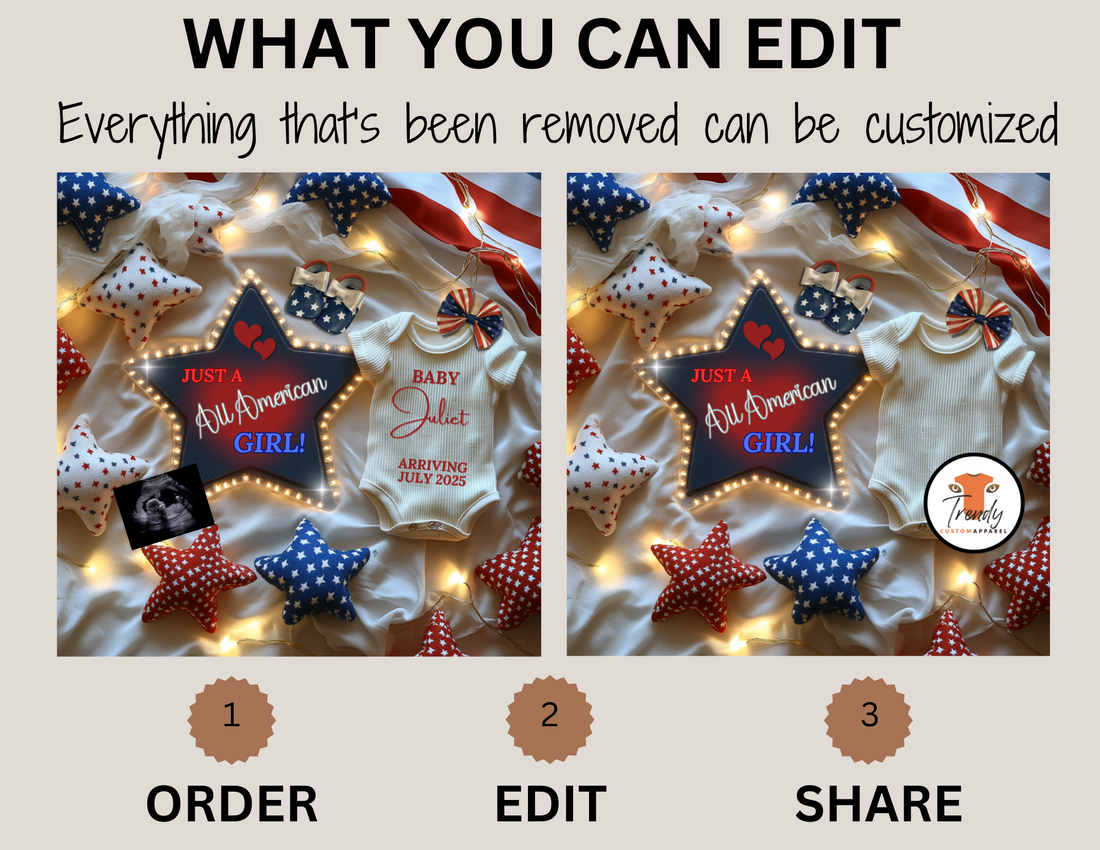 Digital Girl Pregnancy Announcement, All American Girl, Customizable Independence Day Themed, Personalized Editable Template